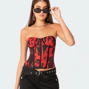 Aly Mesh Corset Top by Edikted - Red & Black